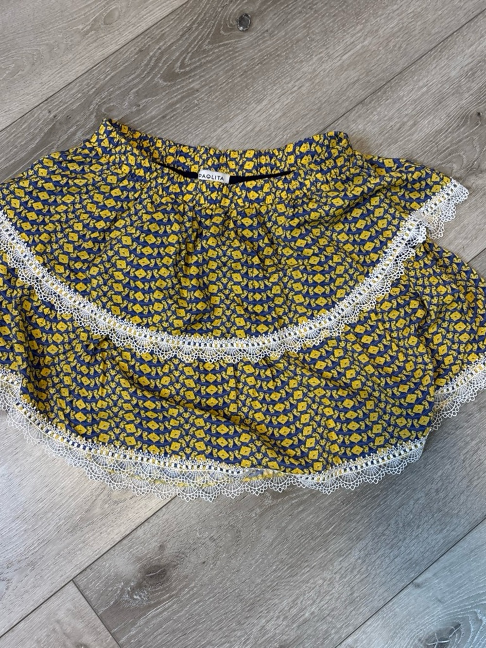 Paolita Yellow Floral Lace-Trim Tiered Skirt